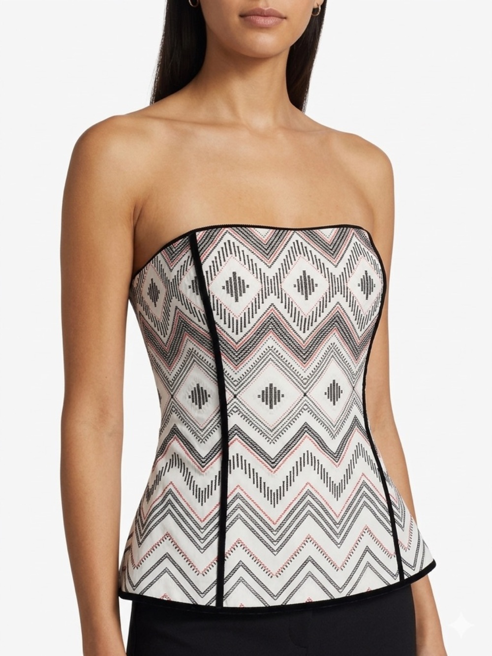 White House Black Market White and Black Strapless Geo-Print Peplum Top